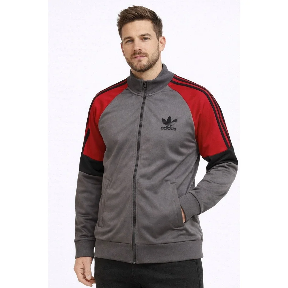 Adidas Originals Track Jacket Gray Red Black Trefoil Logo Full Zip Men's M‎